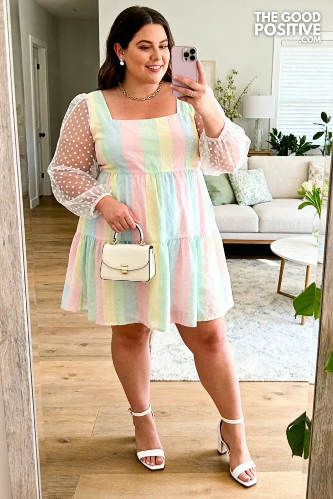 Plus Size Polka Dot Mesh Sleeve Easter Dress