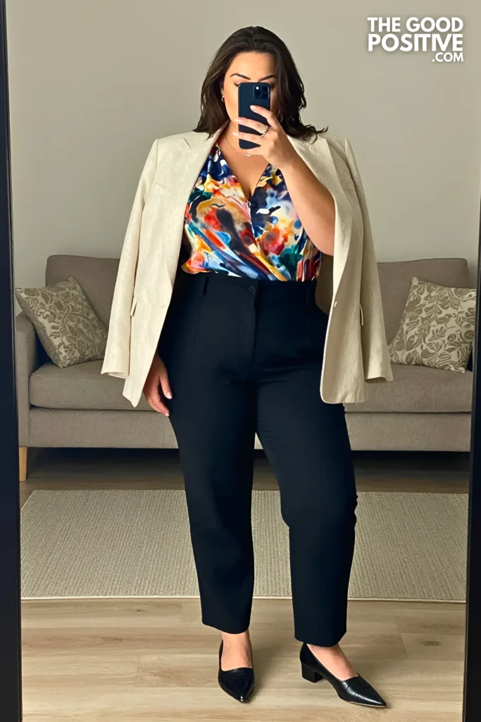 Plus Size Printed Georgette Blouse With Tailored Trousers And Blazer Work-Vacation Outfit