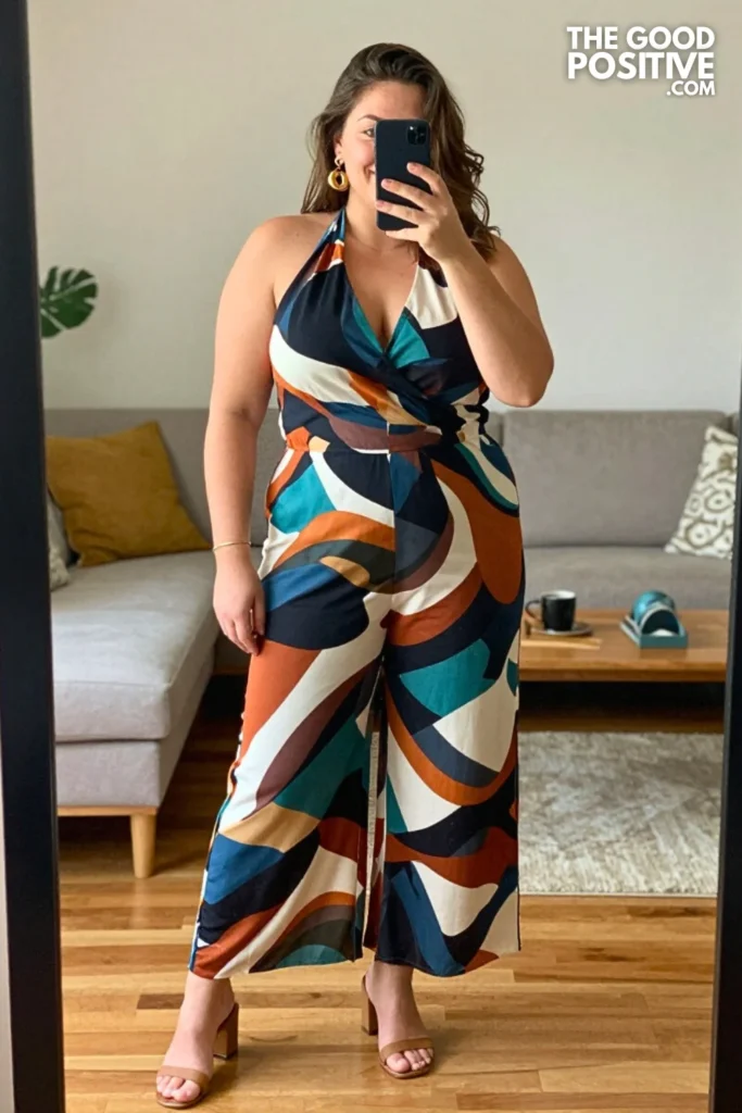 Plus Size Printed Halter Neck Jumpsuit Outfit For Summer Parties