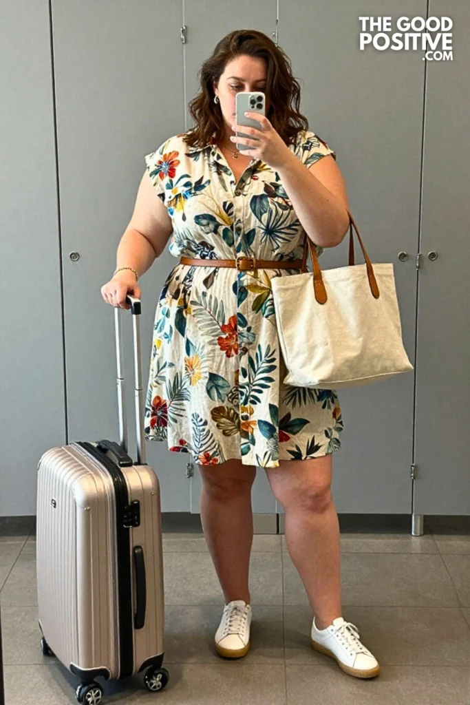 Plus Size Printed Linen Shirt Dress With Belt And White Sneakers Outfit