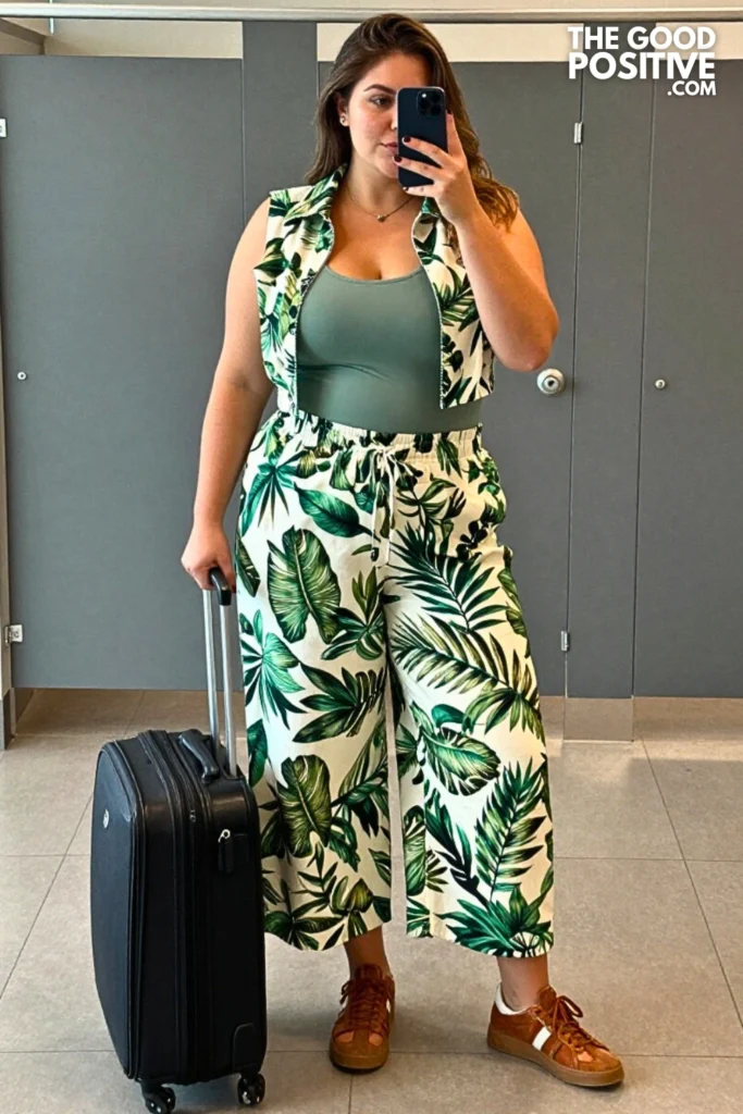 Plus Size Printed Palazzo Pants With Fitted Crop Jacket Outfit