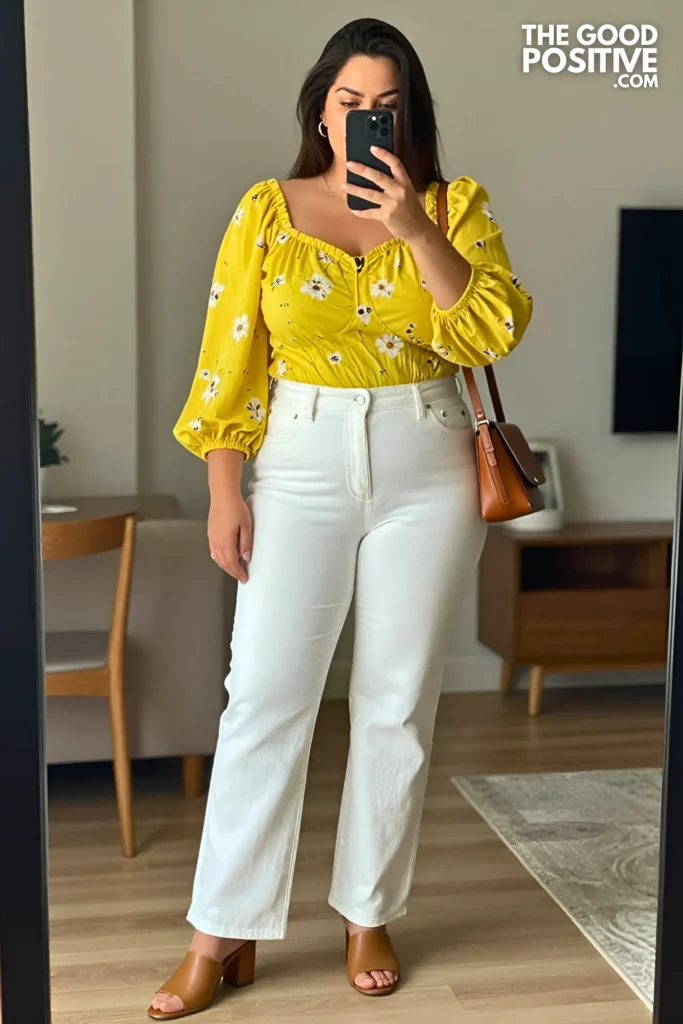 Plus Size Puff-Sleeve Floral Blouse With Straight-Leg White Jeans Brunch Outfit