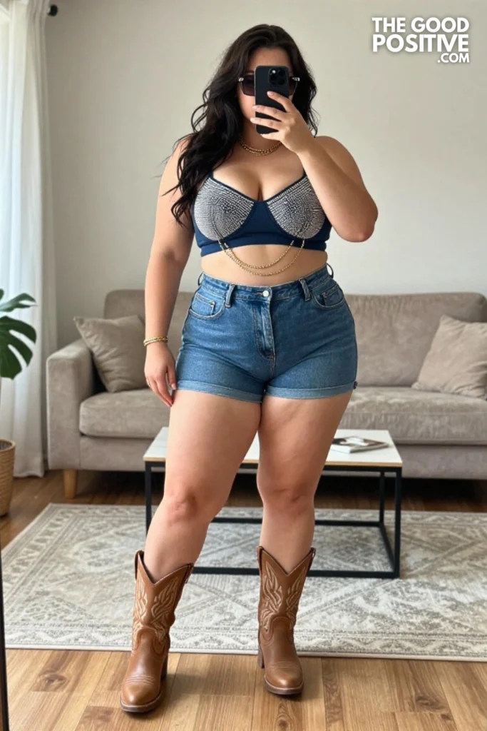 Plus Size Rhinestone Crop Top With High-Waist Denim Shorts Outfit