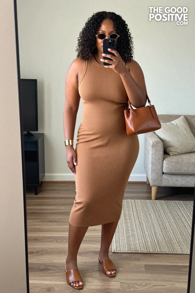 Plus Size Ribbed Knit Sleeveless Column Dress Outfit