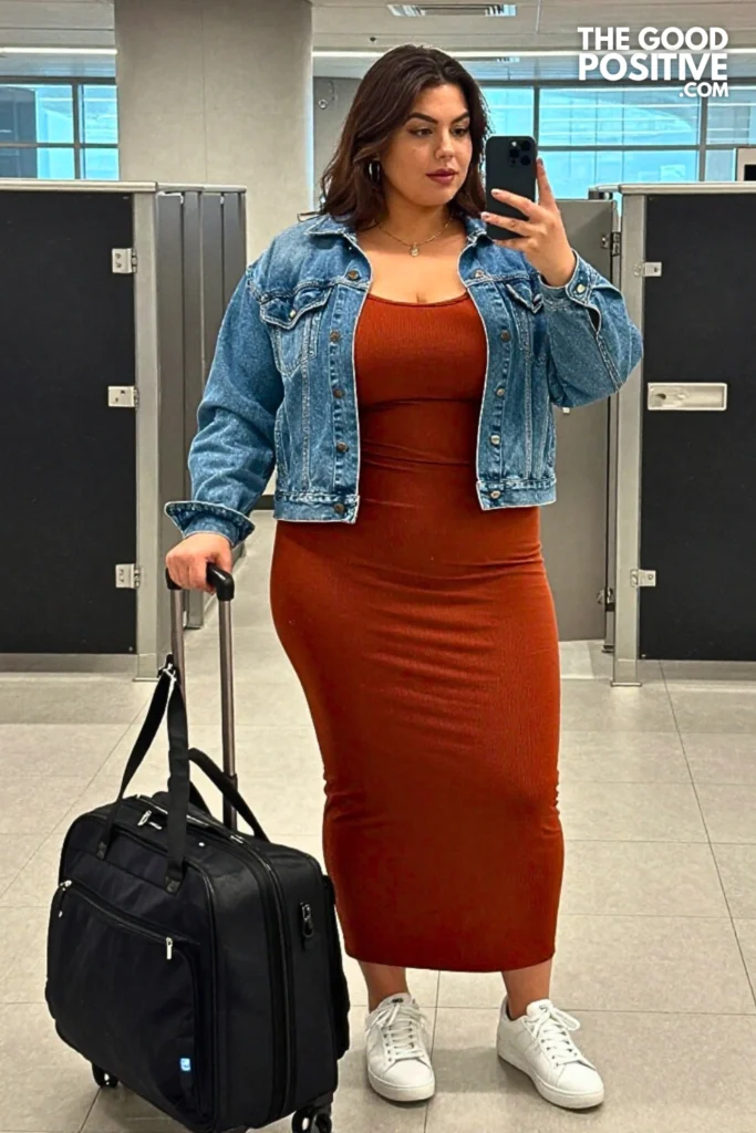 Plus Size Ribbed Maxi Dress With Denim Jacket And Sneakers Outfit