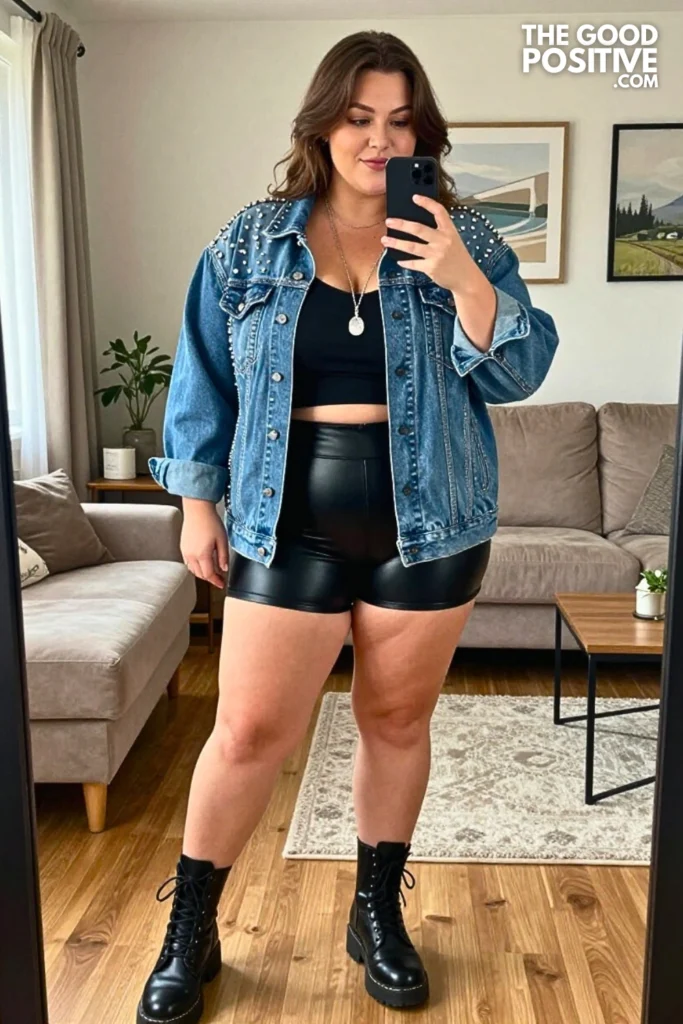 Plus Size Rock Studded Denim Jacket With Leather Leggings Outfit