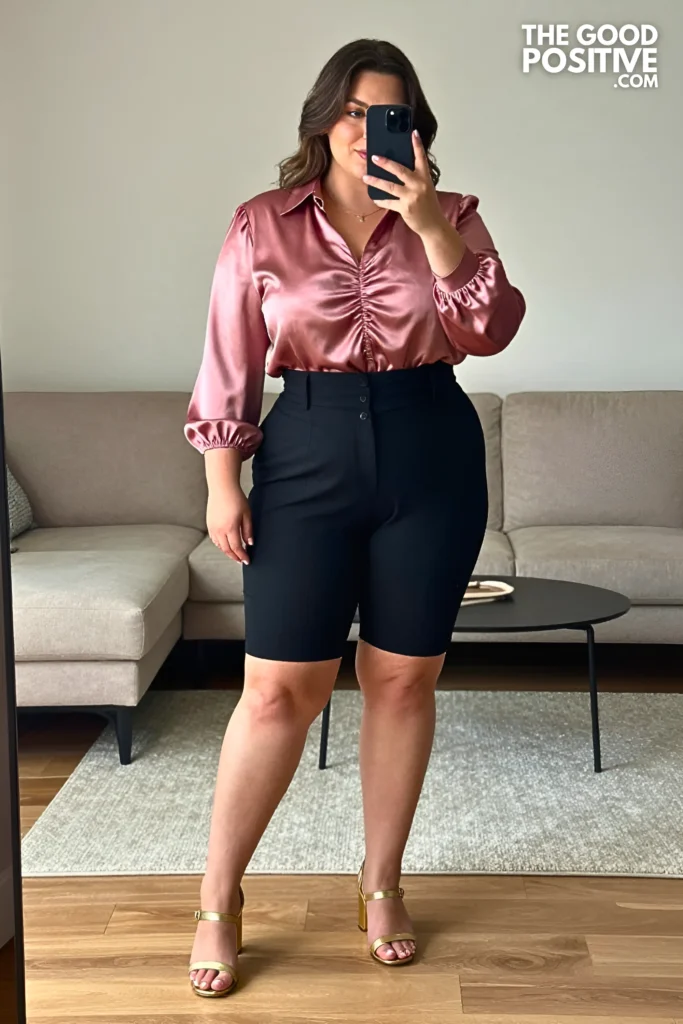 Plus Size Ruched Satin Blouse With Tailored Bermuda Shorts Party Outfit