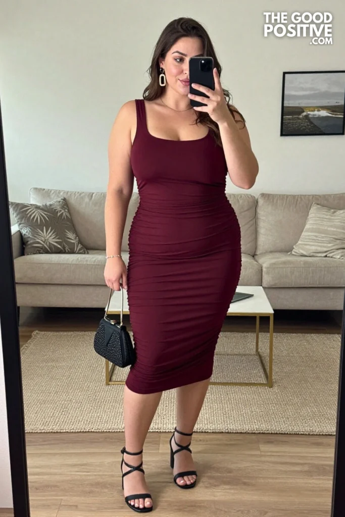 Plus Size Ruched Side Bodycon Midi Dress Outfit