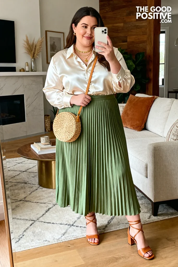 Plus Size Sage Green Pleated Maxi Skirt Church Brunch Outfit