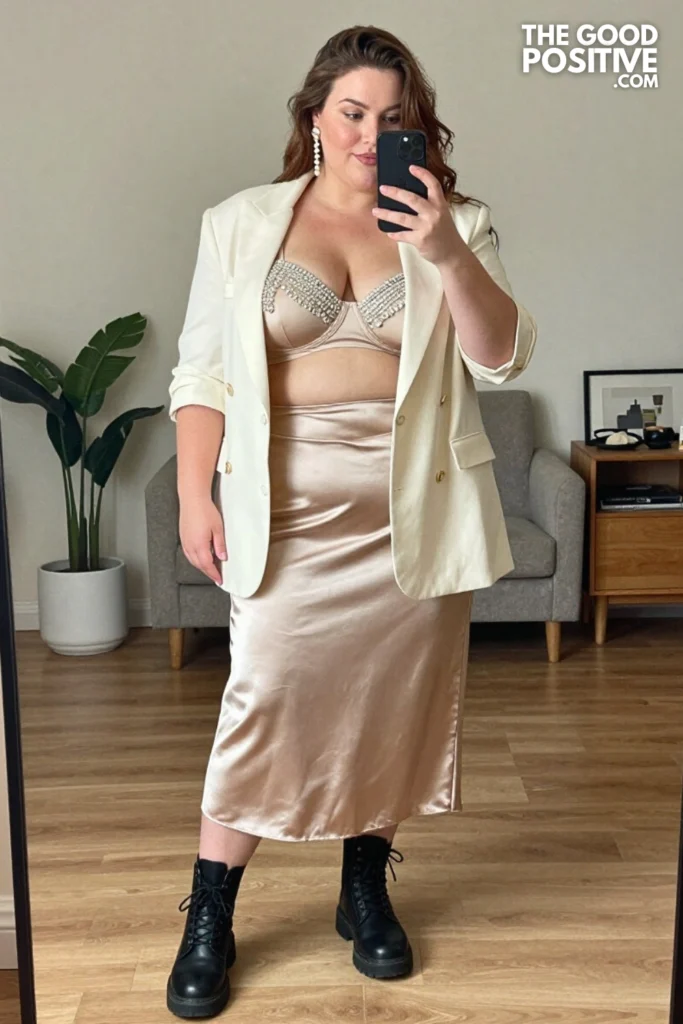 Plus Size Satin Slip Skirt With Embellished Bra Top and Blazer Outfit