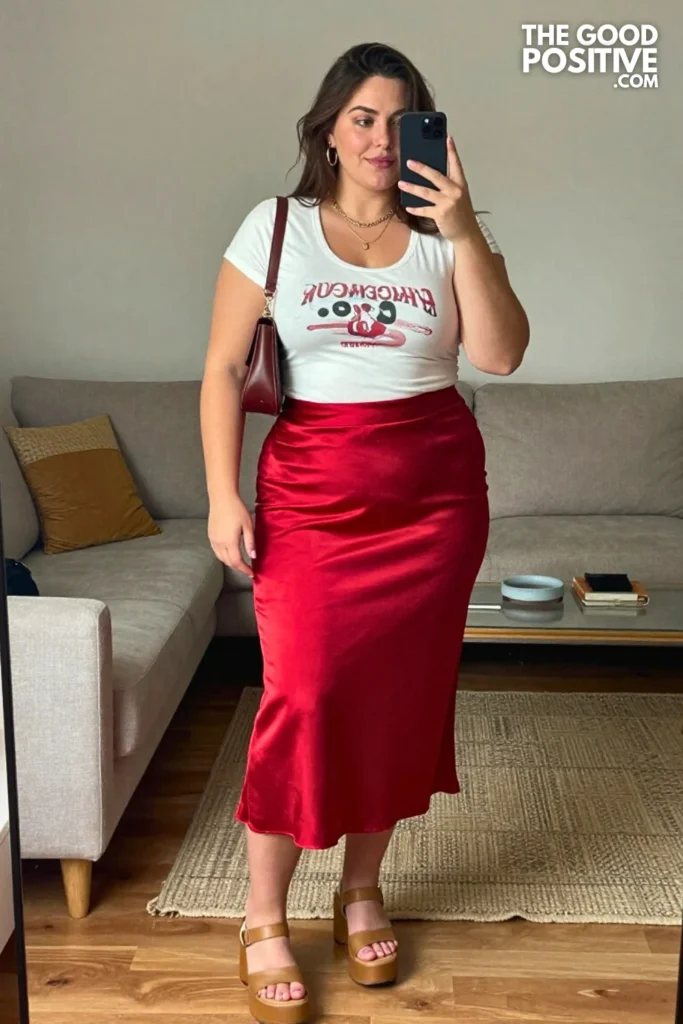 Plus Size Satin Slip Skirt With Graphic Tee Outfit For Summer Streetwear