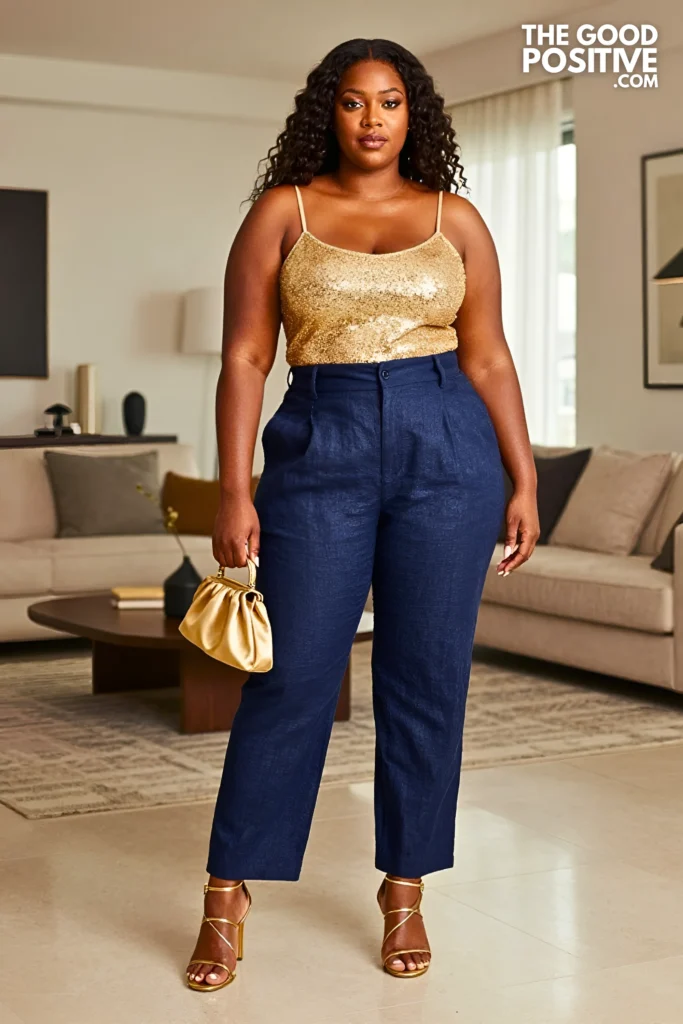 Plus Size Sequin Cami Top With High-Waist Linen Trousers Night-Out Outfit