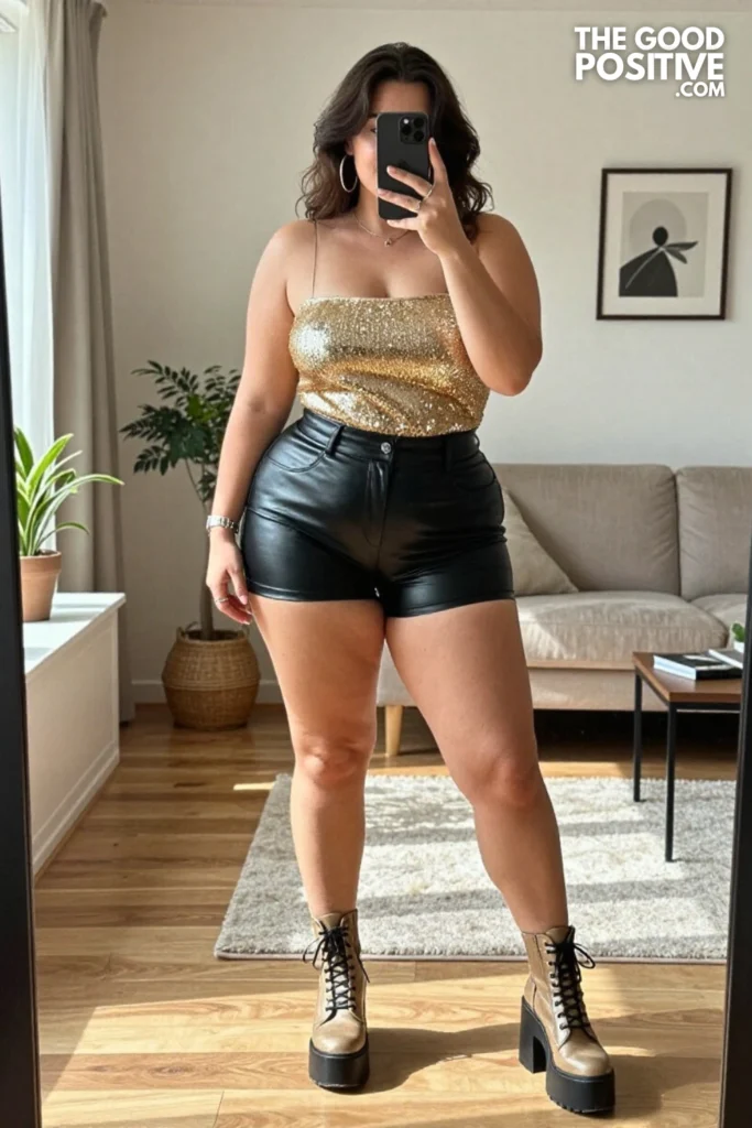 Plus Size Sequin Tube Top With Leather-Look Biker Shorts Outfit