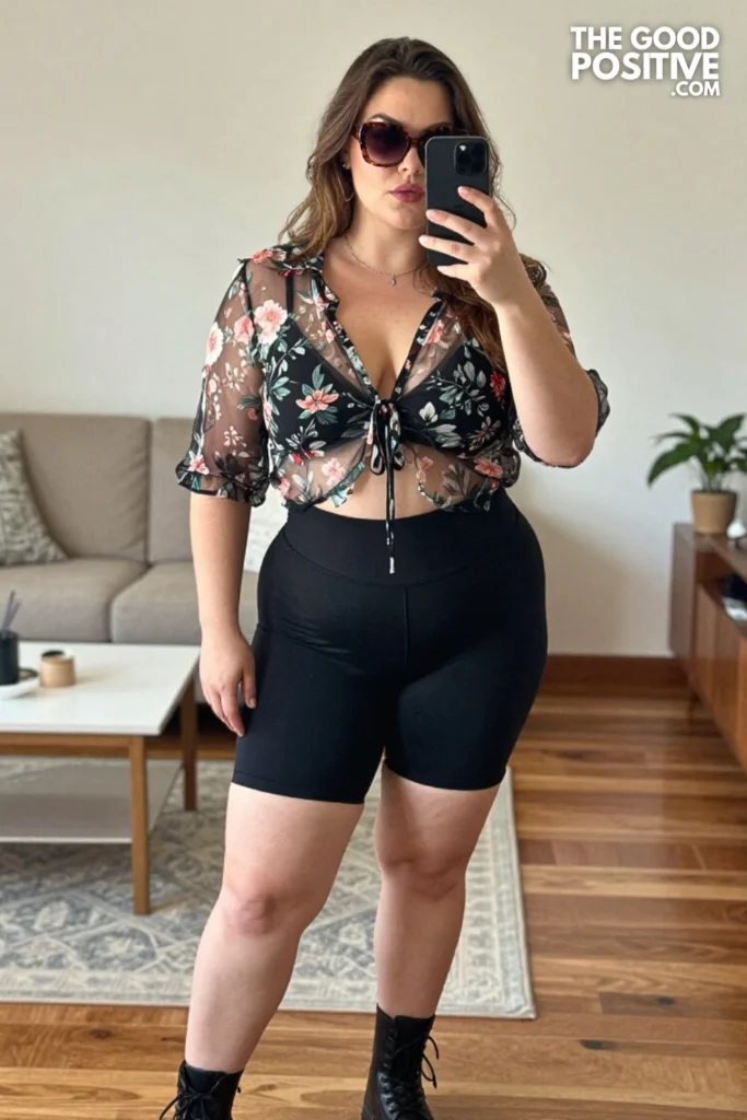 Plus Size Sheer Printed Blouse With Biker Shorts and Thigh-High Boots Outfit