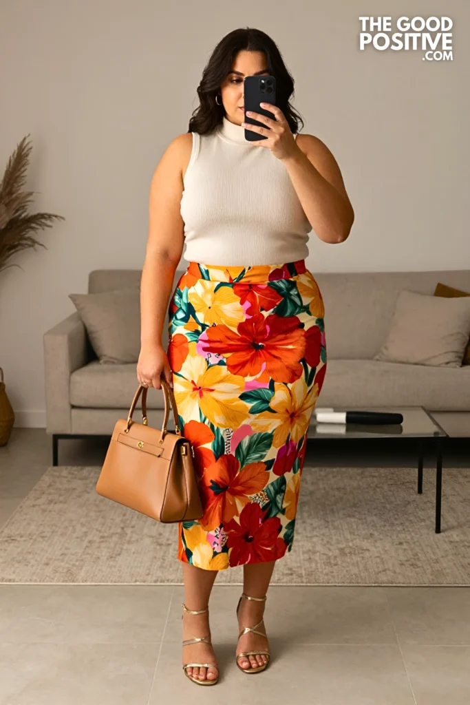 Plus Size Sleeveless Turtleneck Top With High-Waist Floral Midi Skirt Chic Summer Outfit