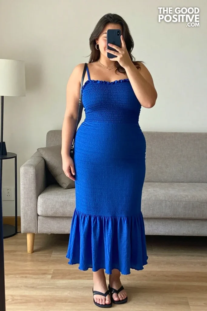 Plus Size Smocked Bodice Maxi Dress With Ruffle Hem Outfit