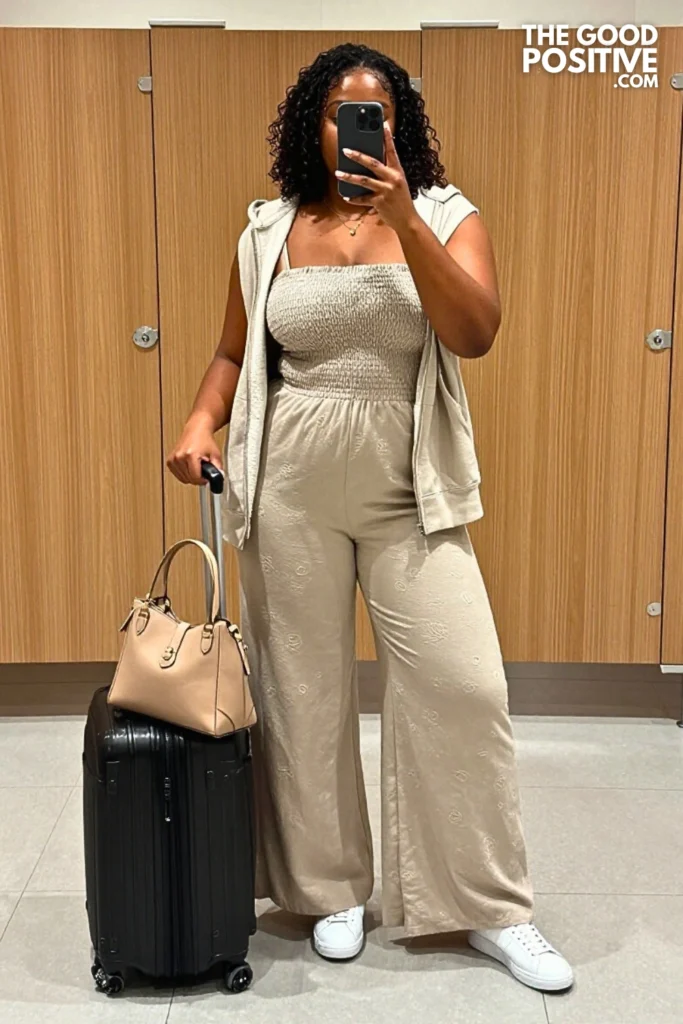 Plus Size Smocked Bodice Wide-Leg Jumpsuit With Sneakers Outfit
