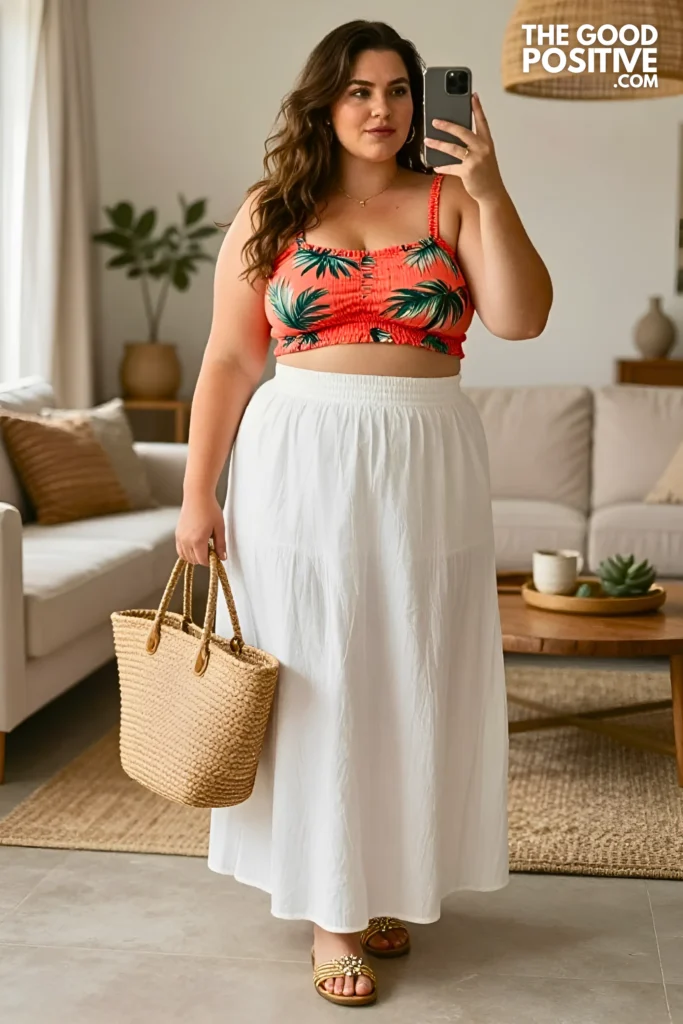 Plus Size Smocked Crop Top With High-Waist Maxi Skirt Casual Beach Outfit