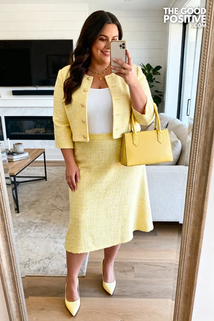 Plus Size Soft Yellow Tweed Skirt And Jacket Church Outfit