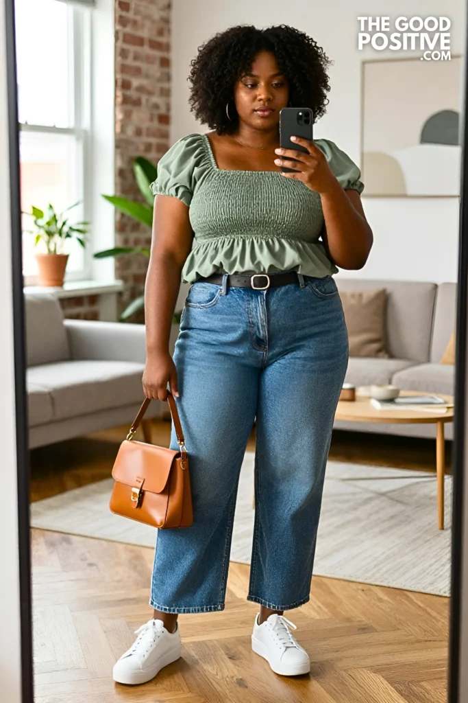 Plus Size Square-Neck Smocked Blouse With Barrel-Leg Jeans Casual Weekend Outfit