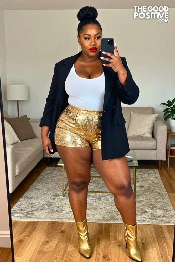 Plus Size Summer Concert Sequin Shorts With Blazer and Bodysuit Outfit