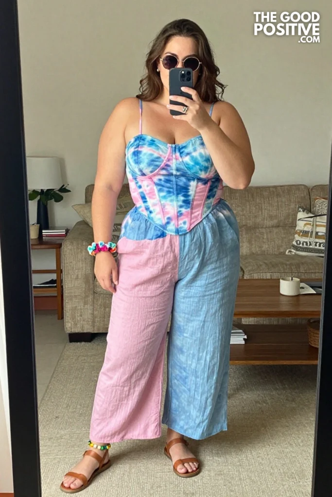 Plus Size Tie-Dye Corset Top With Wide-Leg Linen Pants Outfit