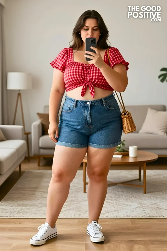 Plus Size Tie-Front Gingham Crop Blouse With High-Waist Denim Shorts Casual Outfit