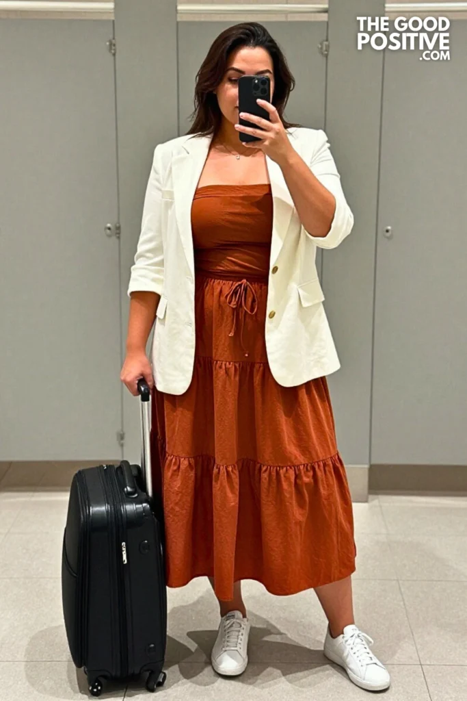 Plus Size Tiered Cotton Midi Skirt With Fitted Bandeau And Blazer Outfit