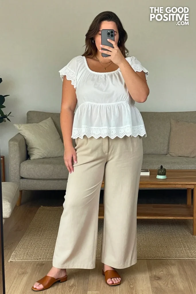 Plus Size Tiered Peasant Blouse With Wide-Leg Trousers Outfit