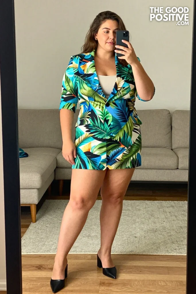 Plus Size Tropical Print Blazer Dress Outfit For Smart Casual Summer Work