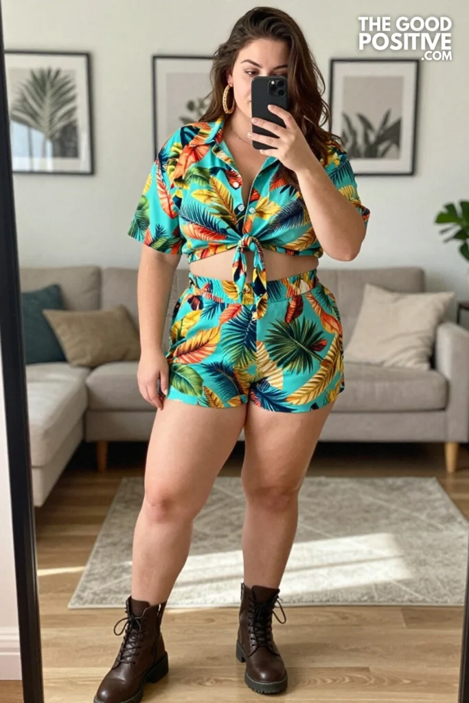 Plus Size Tropical Print Co-Ord Shorts Set Outfit