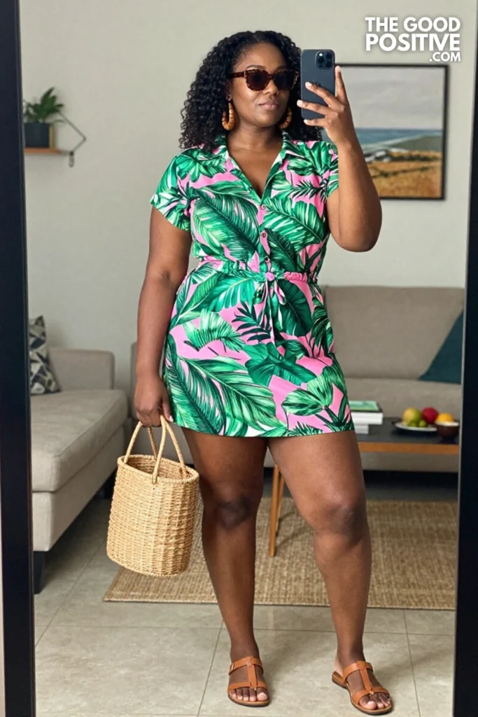 Plus Size Tropical Shirt Dress With Cinched Waist Outfit