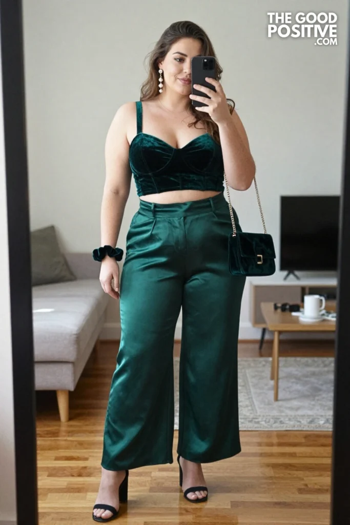Plus Size Velvet Bralet With Satin Wide-Leg Trousers Outfit