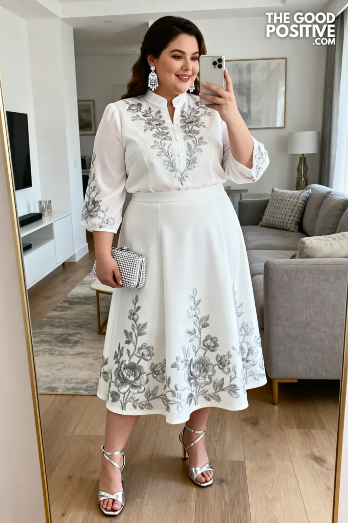 Plus Size White And Silver Embroidered Skirt And Blouse Church Outfit