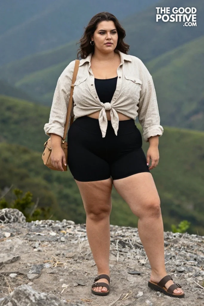 Plus Size Athletic Biker Shorts & Oversized Linen Button-Down Shirt Outfit