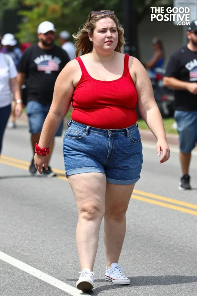 Plus Size Blue Denim Shortall & Fitted Red Ribbed Tank Top Outfit