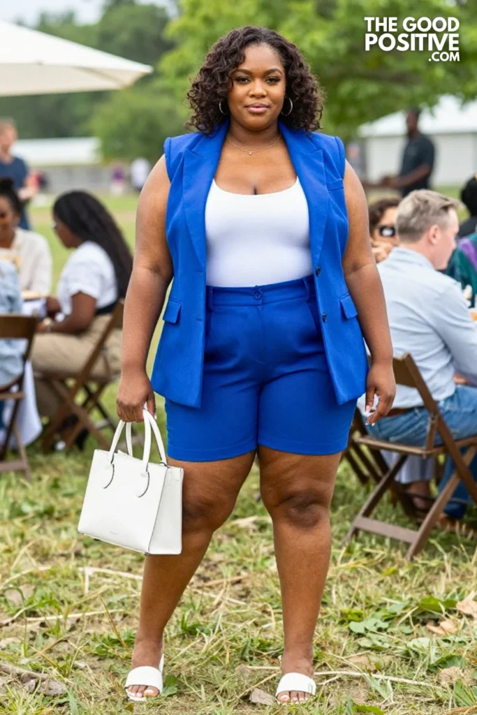 Plus Size Blue Seersucker Matching Blazer & Shorts Co-Ord Set Outfit