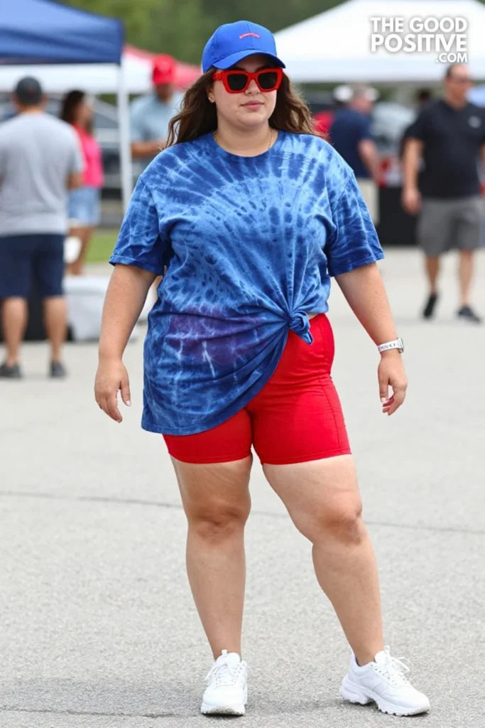 Plus Size Blue Tie-Dye Oversized Graphic Tee Dress & Red Bike Shorts Outfit