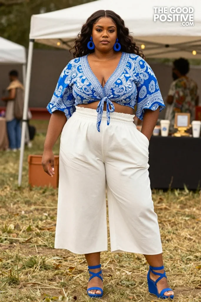 Plus Size Blue & White Paisley Print Wrap Crop Top & White Paperbag Trouser Outfit