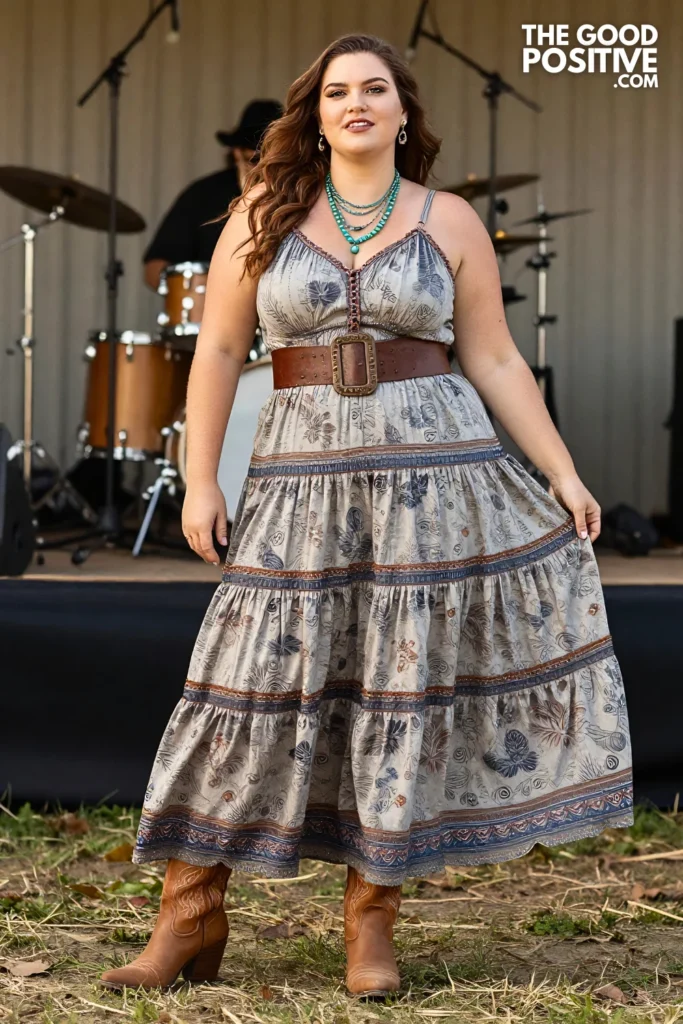 Plus Size Boho Maxi Dress, Denim Corset Belt and Western Block Heel Boots Outfit