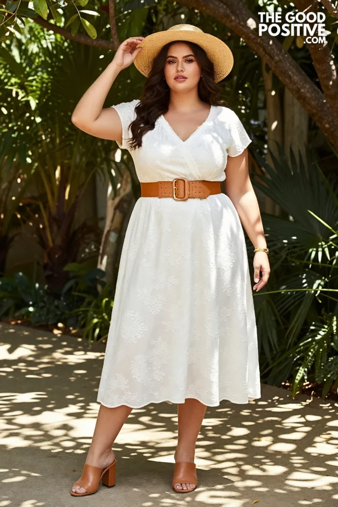 Plus Size Broderie Anglaise Fit-And-Flare Midi Dress With Structured Belt Outfit