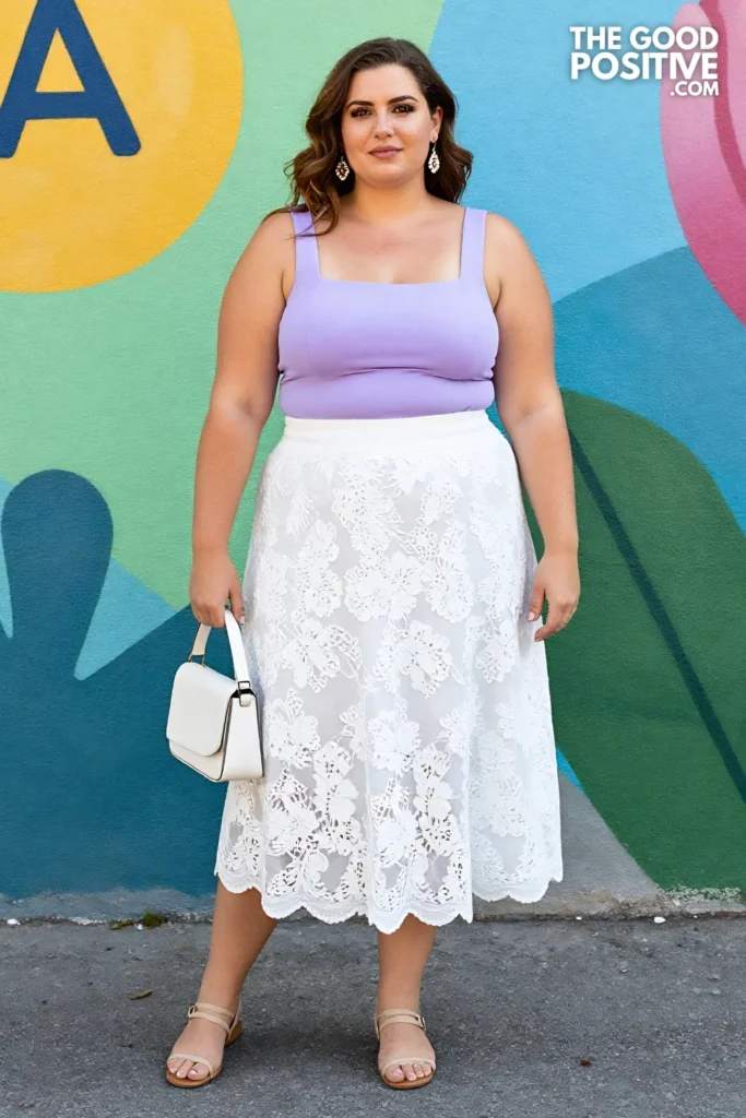 Plus Size Broderie Anglaise Midi Skirt and Fitted Square-Neck Top Brunch Outfit