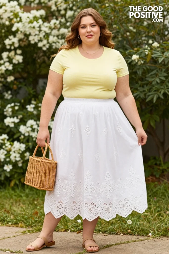 Plus Size Broderie Anglaise Midi Skirt and Simple Fitted Tee Outfit