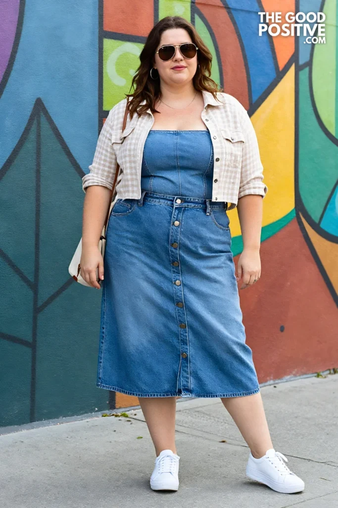 Plus Size Button-Front Denim Midi Skirt and Cropped Linen Shirt Casual Weekend Outfit