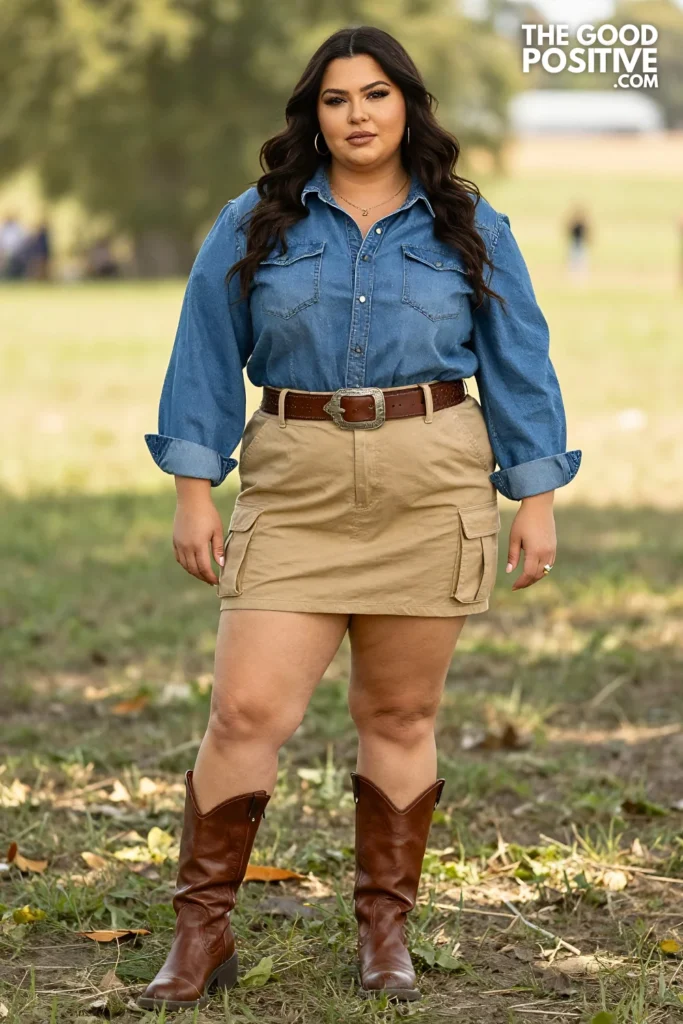 Plus Size Cargo Mini Skirt, Western Bralette Top and Combat Boots Outfit
