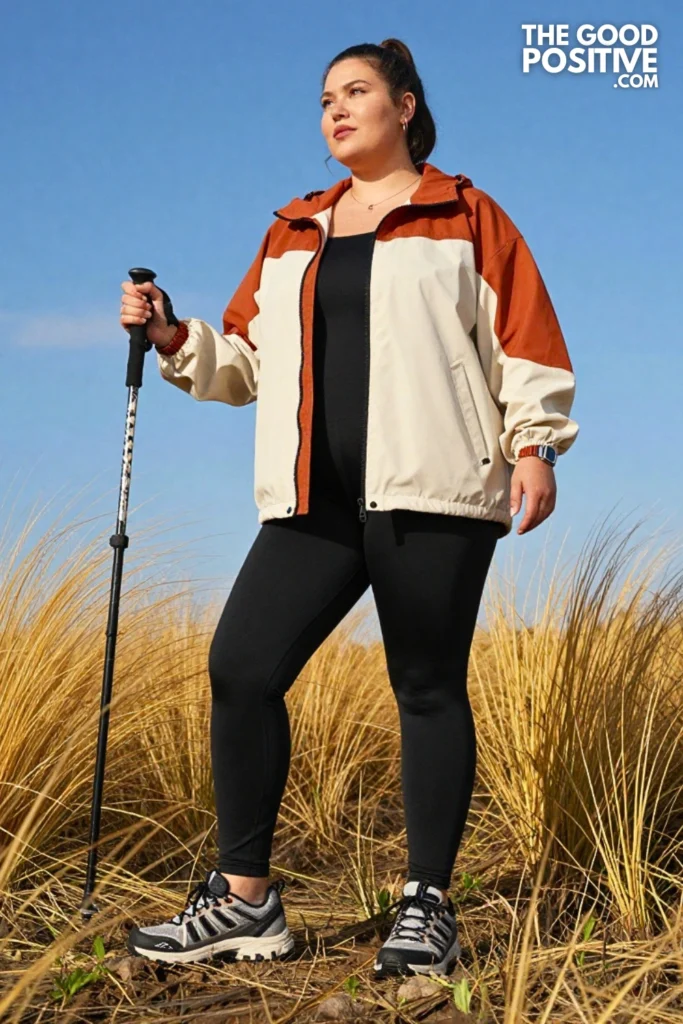 Plus Size Color-Blocked Windbreaker & Compression Leggings Outfit