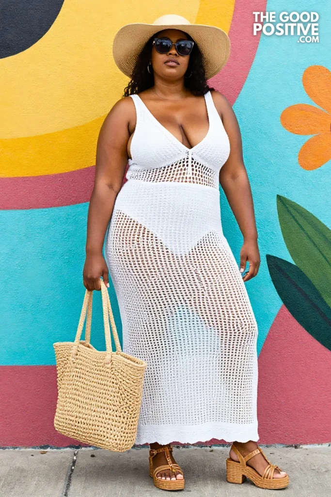Plus Size Crochet Cover-Up Dress Over Swimsuit Beach Day Outfit