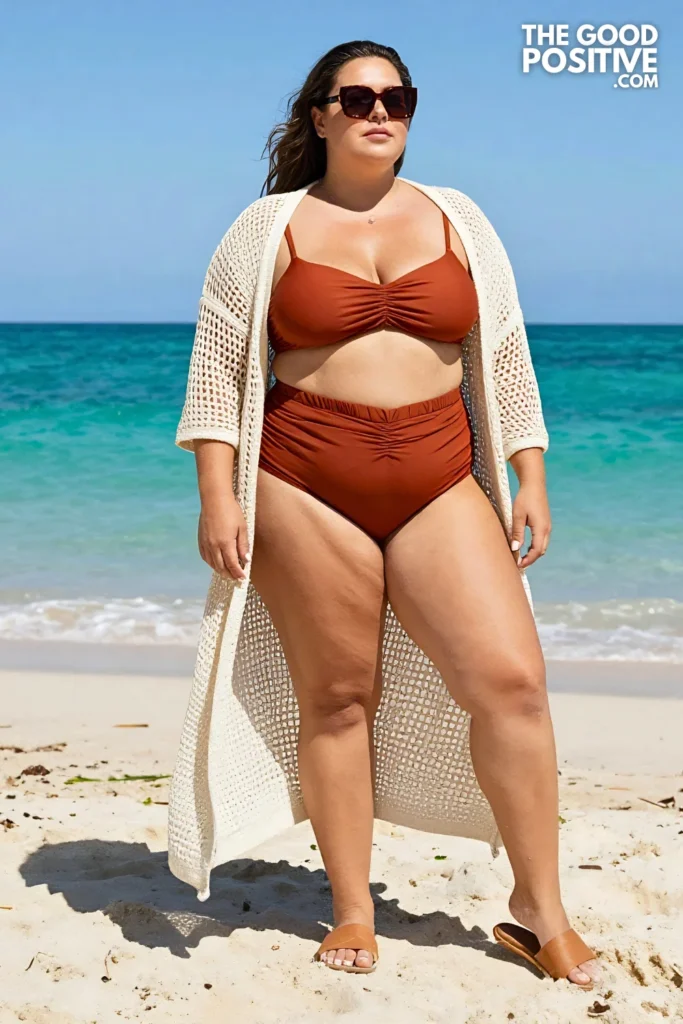 Plus Size Crochet Cover-Up Duster With High-Waist Swim Bottoms and Longline Bikini Top Outfit