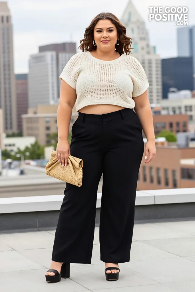 Plus Size Crochet Cover-Up Top With Tailored Wide-Leg Pants Outfit