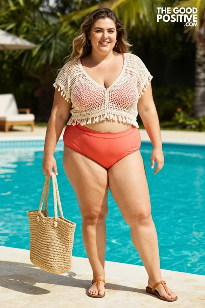 Plus Size Crochet Cover-Up Top and High-Waist Swim Shorts Outfit